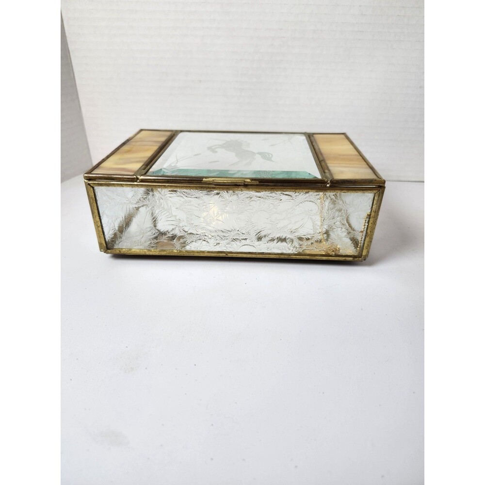 Vintage Brass & Etched Glass Trinket or Jewelry Box Unicorn And Mirror